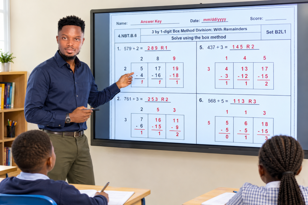 Teacher explaining division with remainders using the box method on a digital classroom worksheet.