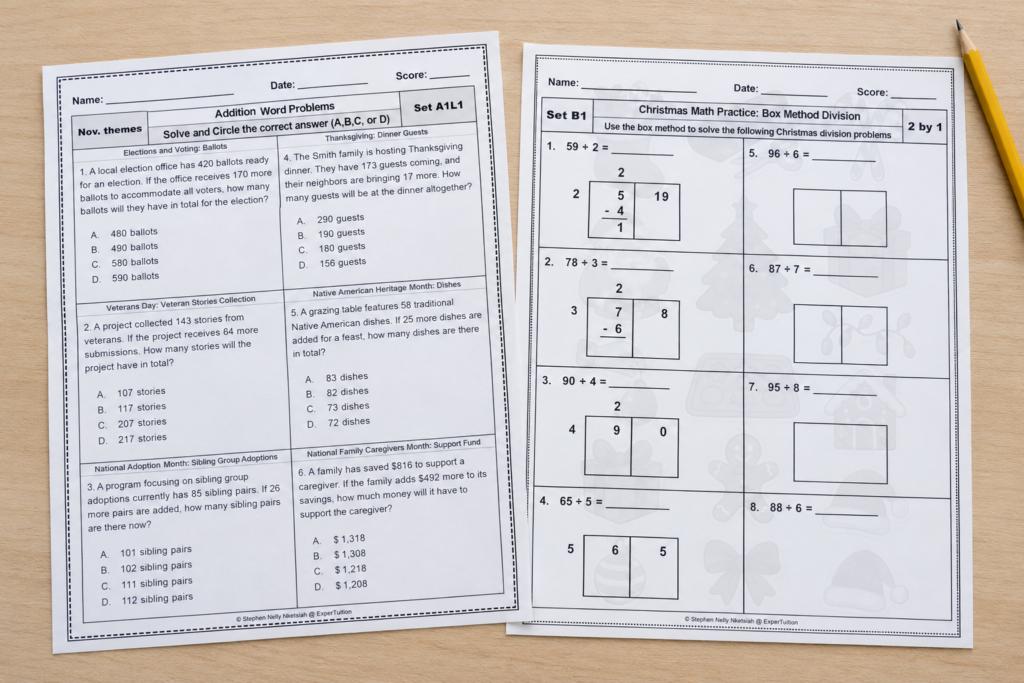 Two seasonal Math worksheets featuring November-themed addition word problems and Christmas division practice using the box method.