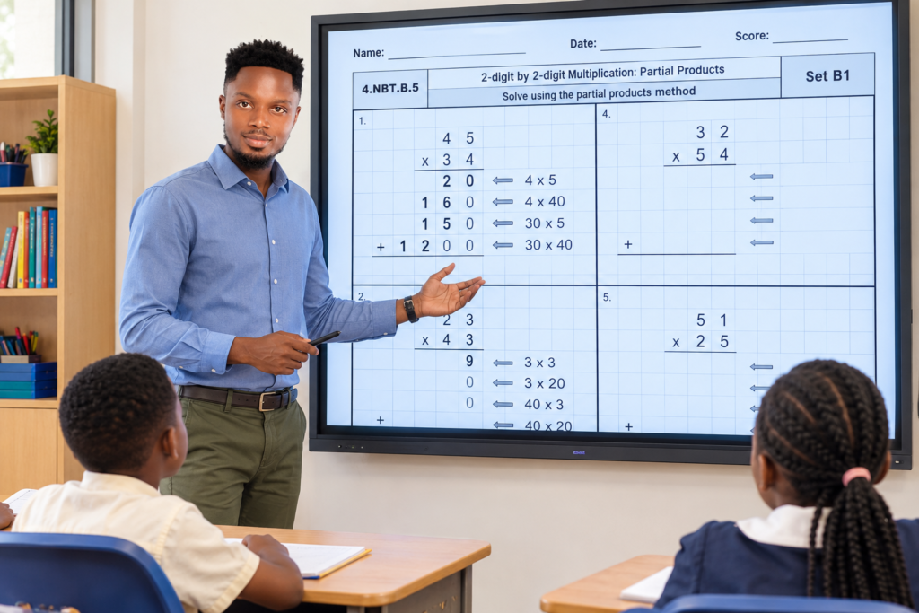 Teacher demonstrating two-digit multiplication using partial products on a digital whiteboard in a classroom.