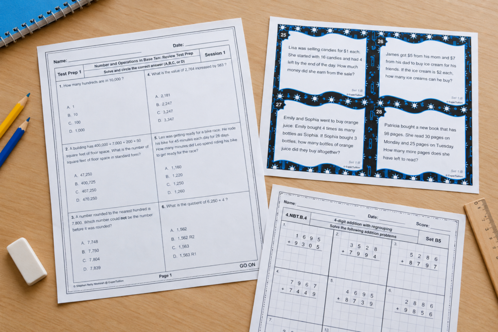 Three printed elementary Math worksheets showing multiple-choice review questions, word-problem task cards, and addition practice on a desk.