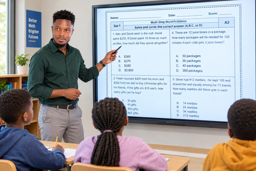 Teacher presenting multi-step Math word problems on a digital whiteboard to students in a classroom.