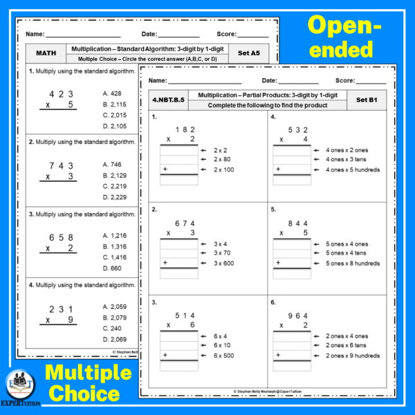 3 Digit by 1 Digit Multiplication Assessment Worksheets - Image 2