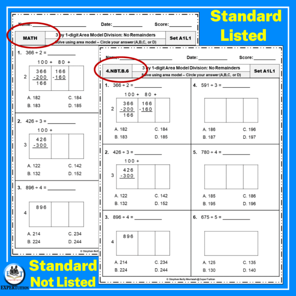 3 Digit by 1 Digit Area Model Division Grade 4 Worksheets - Image 3