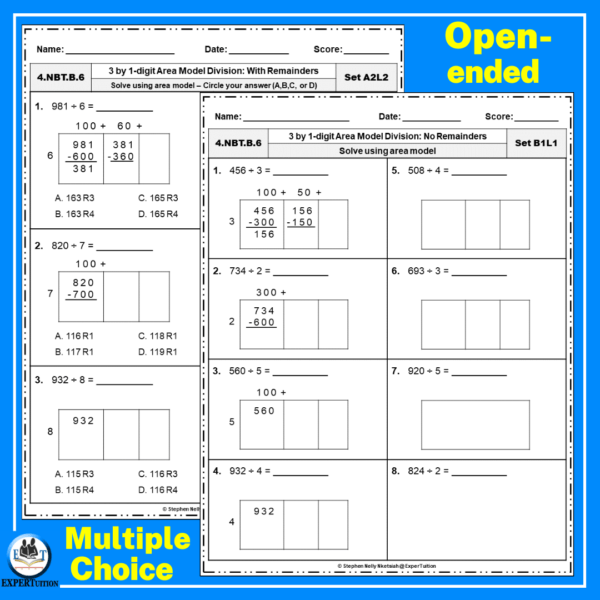 3 Digit by 1 Digit Area Model Division Grade 4 Worksheets - Image 2