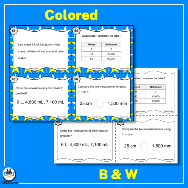 4th 5th grade measurement conversions, metric conversions task cards