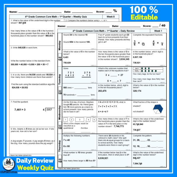 4th grade math daily spiral review