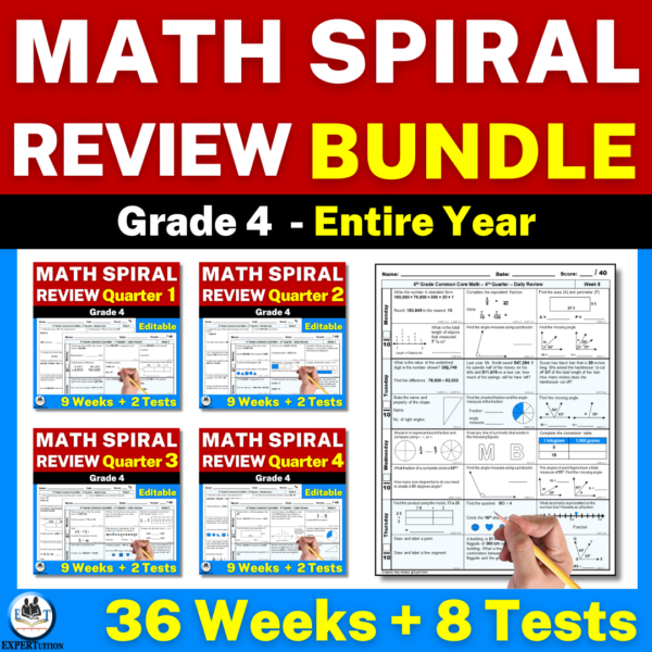 4th Grade Math, Spiral Daily Review and Weekly Quizzes Worksheets, measurement worksheets, assessment, fractions