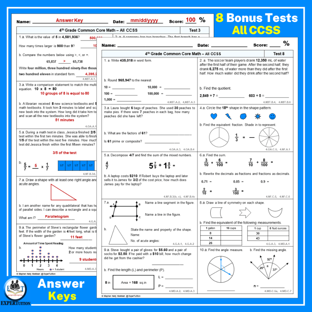 4th Grade Math Spiral Review Worksheets - Full Year - ExperTuition