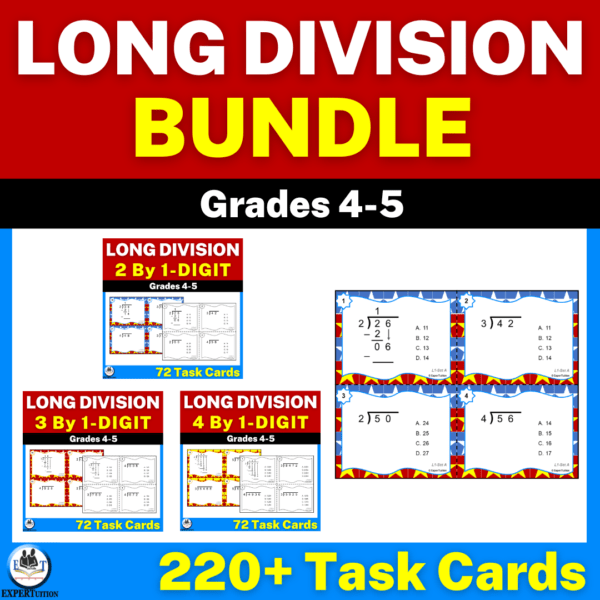 2 digit by 1 digit 3 digit by 1 digit 4 digit by 1 digit long division task cards bundle.