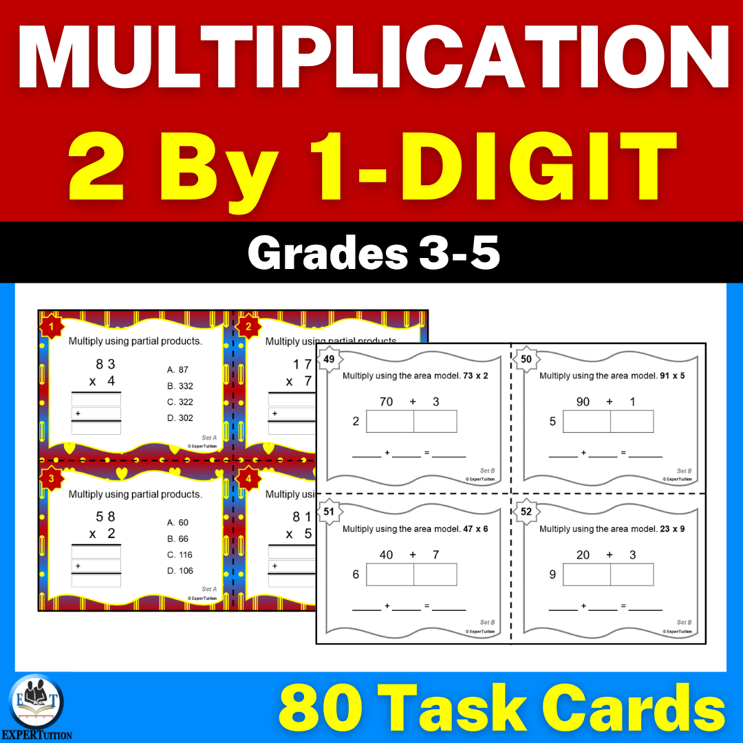 2 digit by 1 digit multiplication task cards