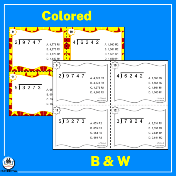 4 digit by 1 digit 4th grade long division task cards