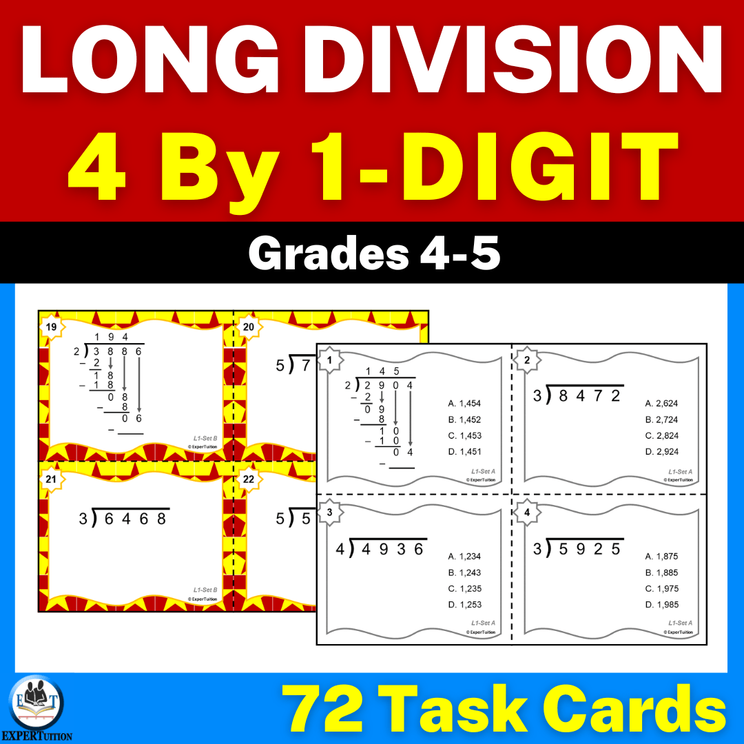 4 digit by 1 digit long division task cards