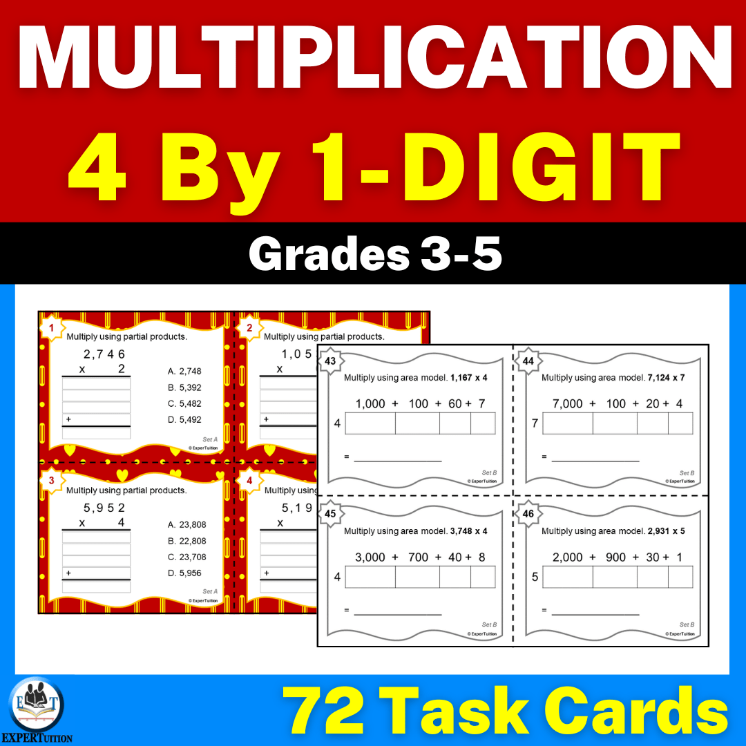 4 digit by 1 digit multiplication task cards