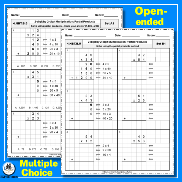 2 digit by 2 digit grade 4 multiplication partial products worksheets