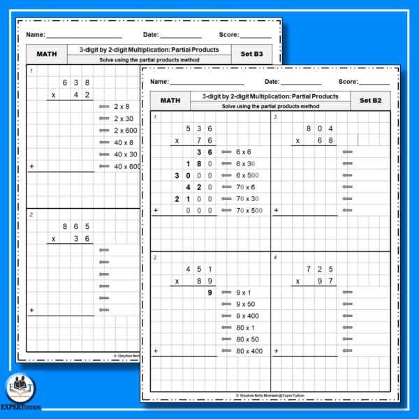 3 digit by 2 digit 5th grade multiplication partial products worksheets