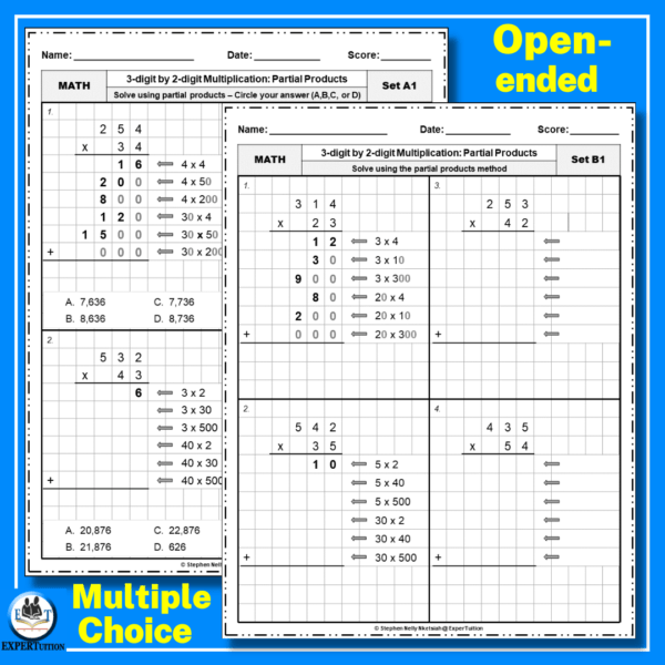 3 digit by 2 digit grade 4 multiplication partial products worksheets