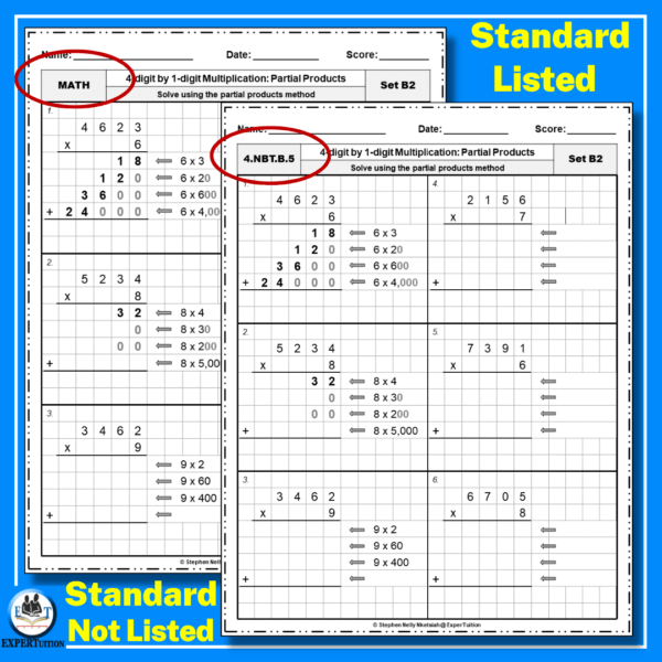 4 digit by 1 digit 4th grade multiplication partial products worksheets