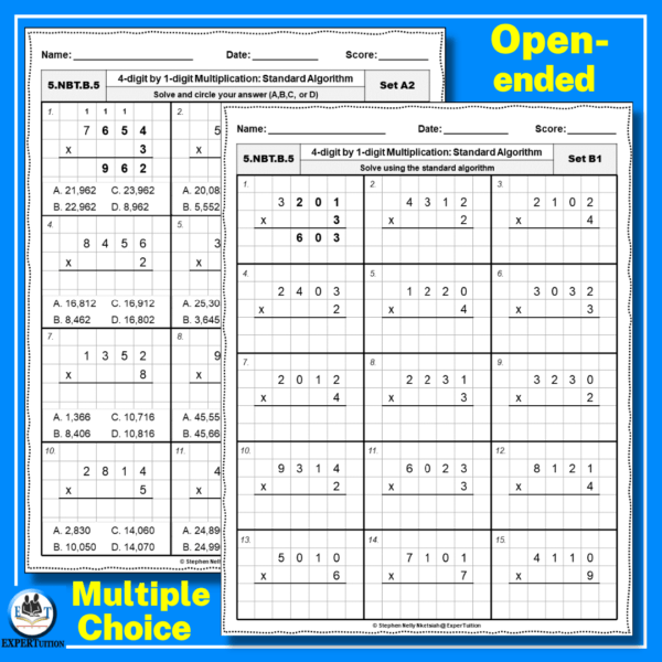 4 digit by 1 digit grade 5 long multiplication worksheets
