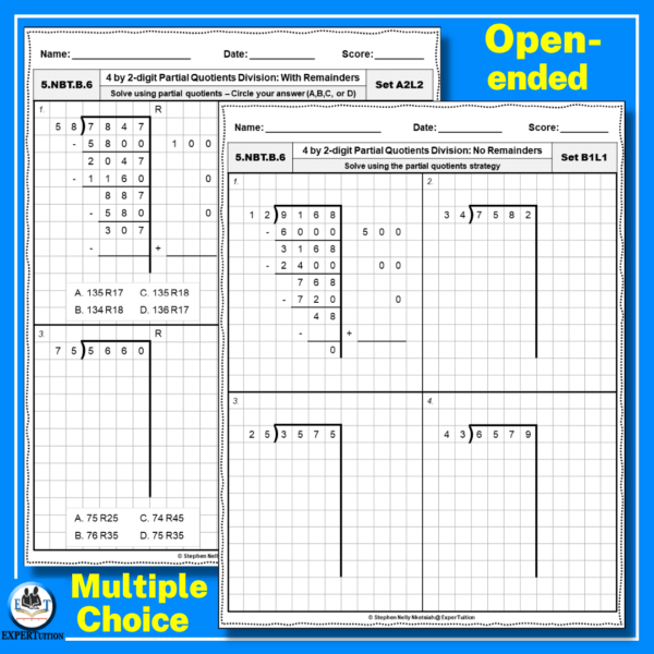5th grade 4 digit by 2 digit partial quotient division worksheets