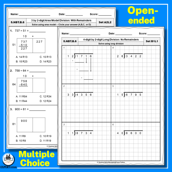 area model, partial products, long division worksheets grade