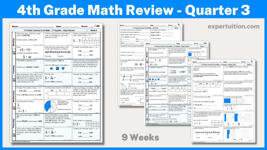 4th grade math review worksheets for quarter 3