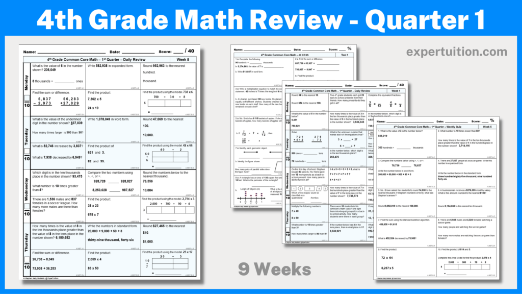 4th grade math spiral review worksheets for quarter 1