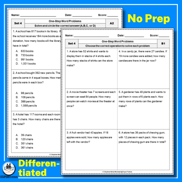 one step word problems worksheets