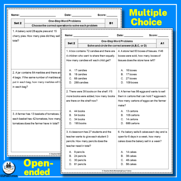one step word problems worksheets grades 3 to 5