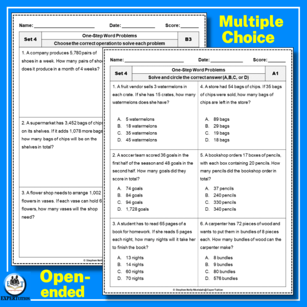 one step word problems worksheets grades 3,4,5