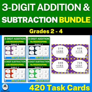 3 digit addition and subtraction with and without regrouping task cards