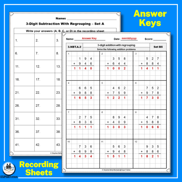 3 digit addition and subtraction without regrouping practice worksheet