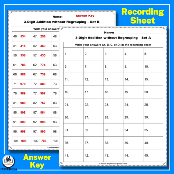3 digit addition without regrouping sheets