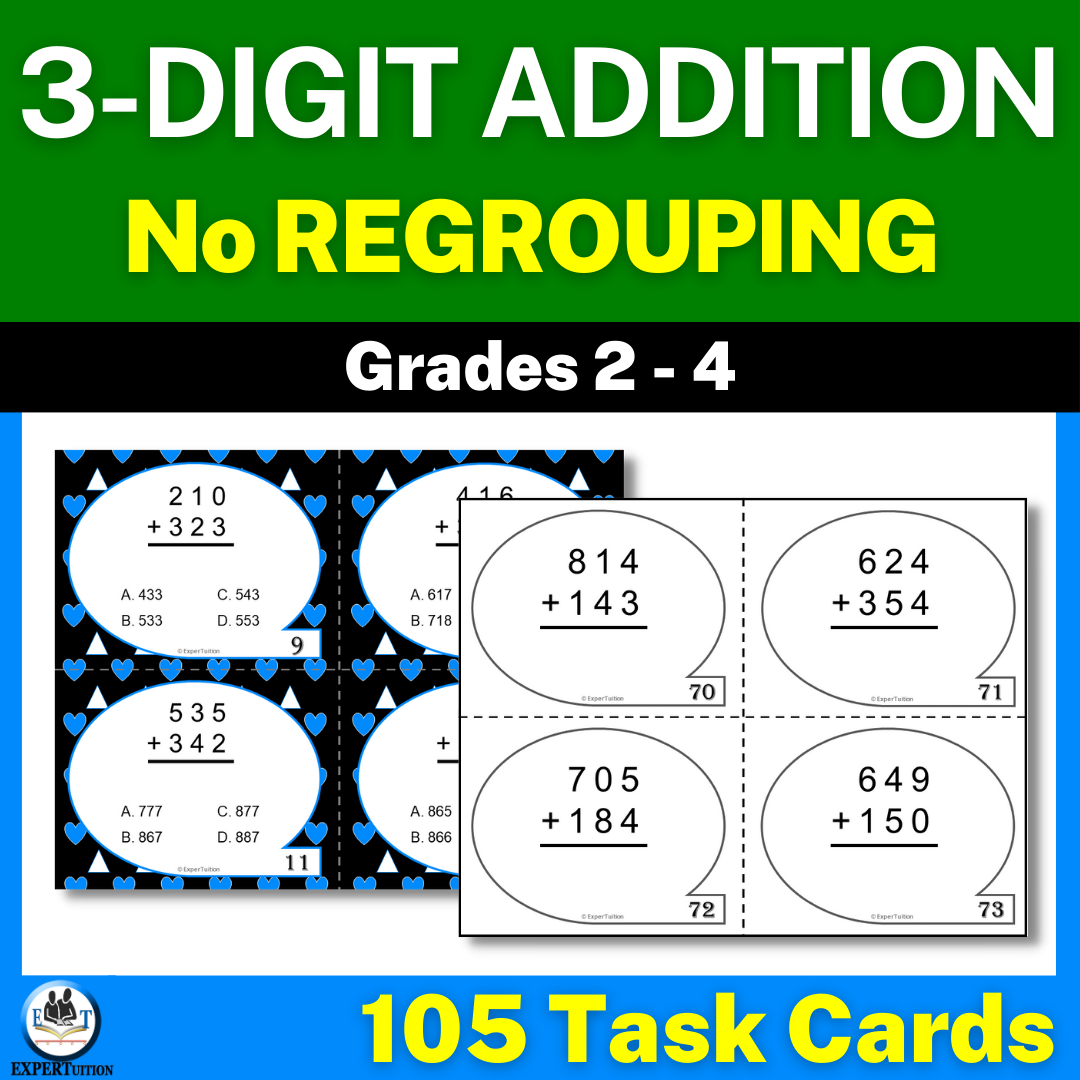 3 digit addition without regrouping task cards