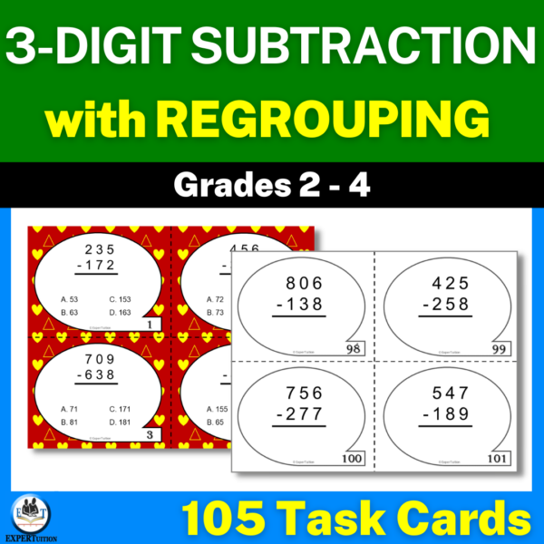 3 digit subtraction with regrouping task cards