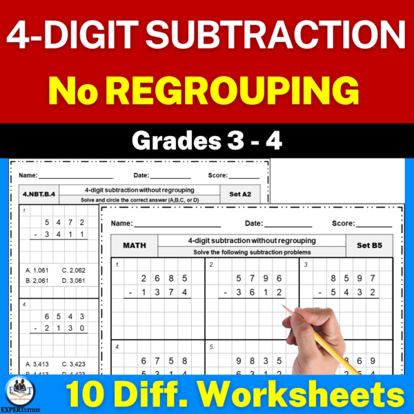 4-Digit Subtraction Without Regrouping Worksheets