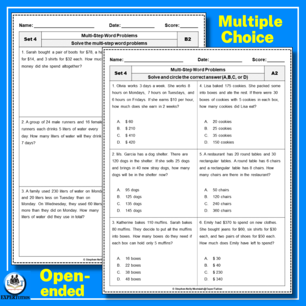 multi step word problems worksheets grades 3,4,5