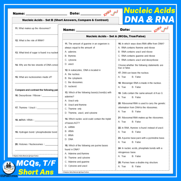 nucleic acids, dna and rna mutiple choice questions and answers, review, test, quizzes, digital dna and rna worksheets