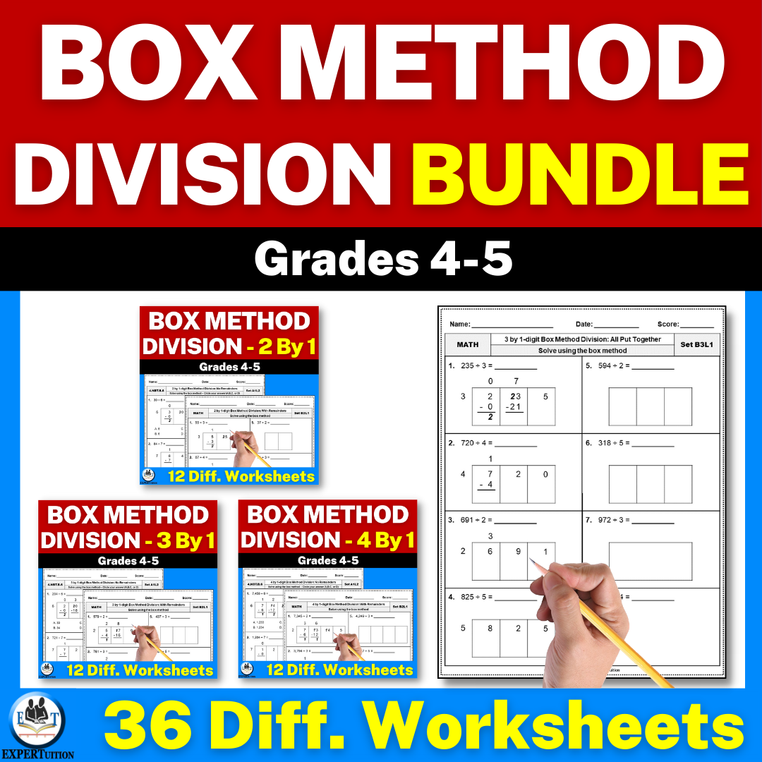 2,3,4 digit by 1 digit box method division worksheets