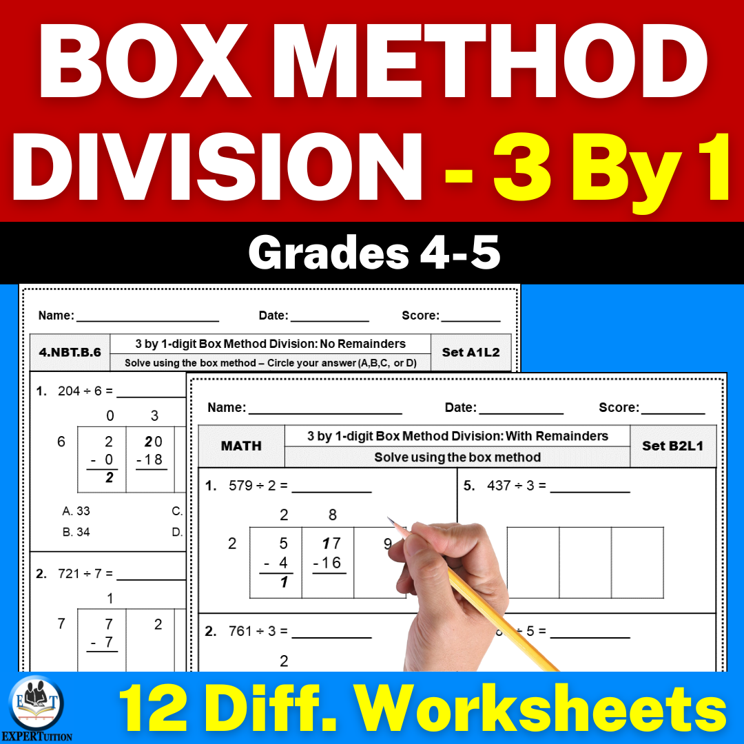3-digit by 1-digit box method division worksheets