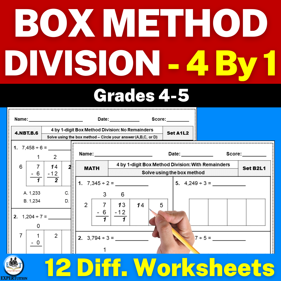 4-digit by 1-digit box method division worksheets