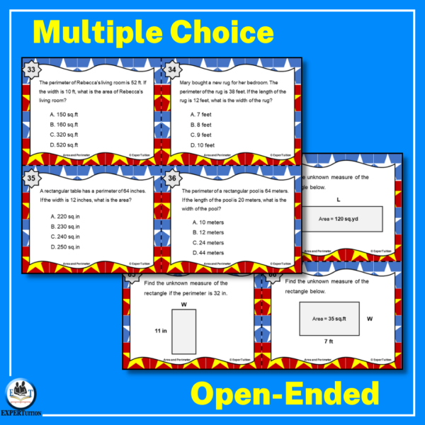 4th 5th grade area and perimeter multiple choice task cards
