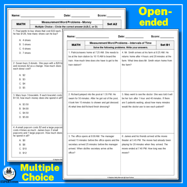 4th 5th grade measurement word problems worksheets