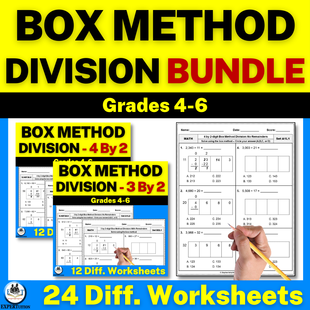 5th grade box method division worksheets bundle