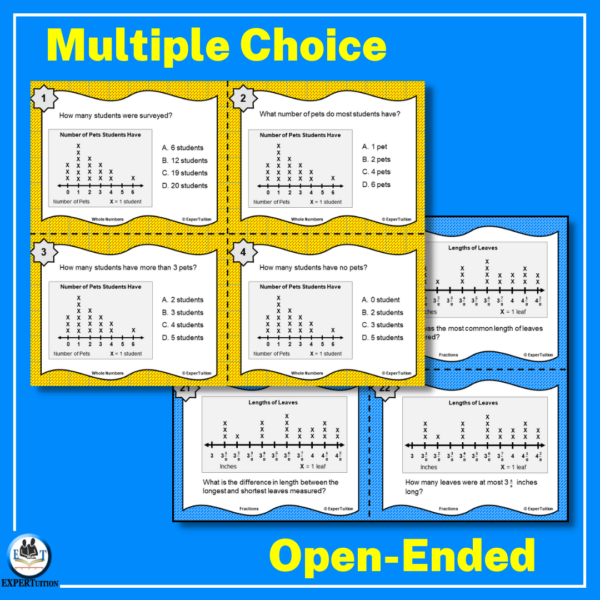 Analyzing line plots with fractions and whole numbers task cards