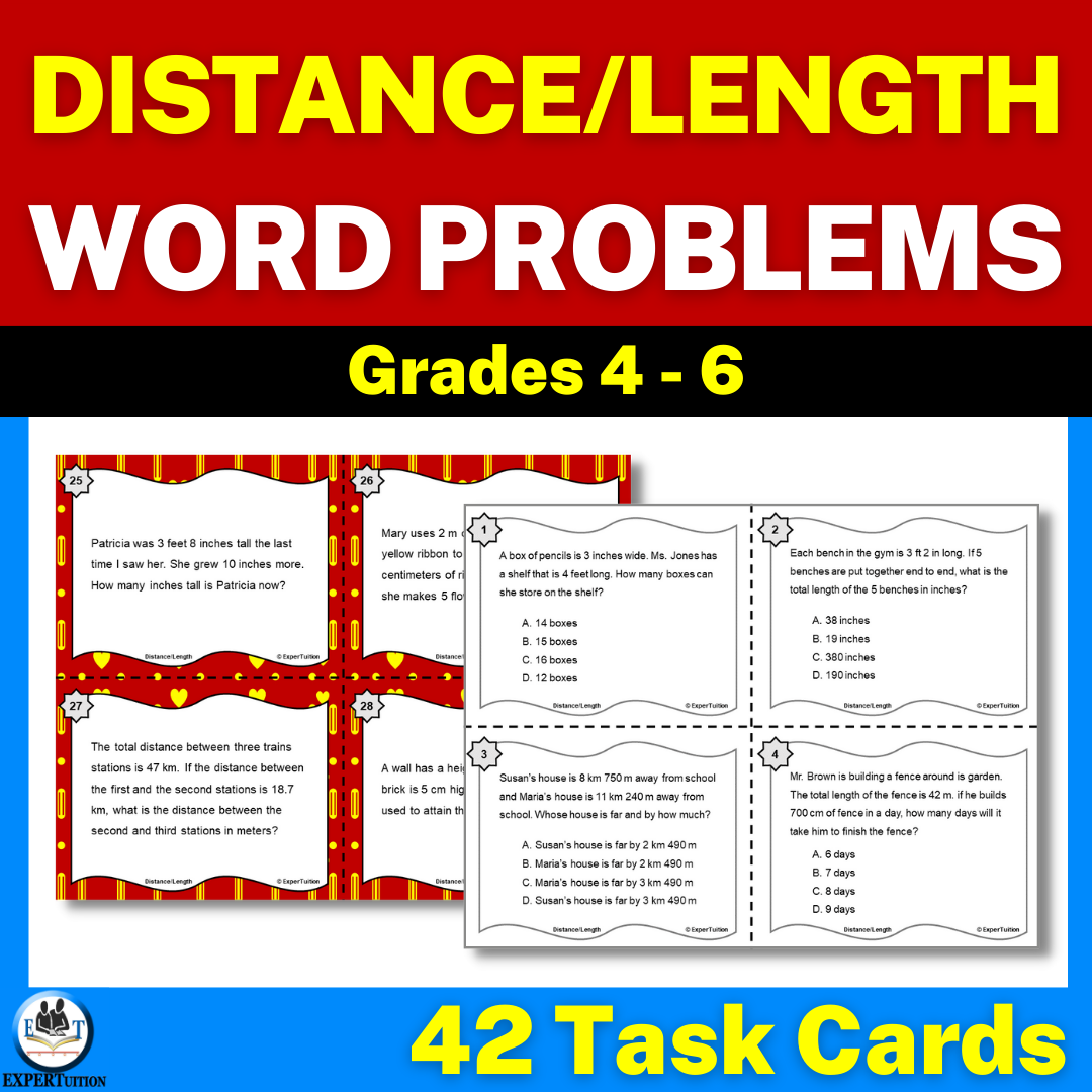 Measurement word problems, distance, length.