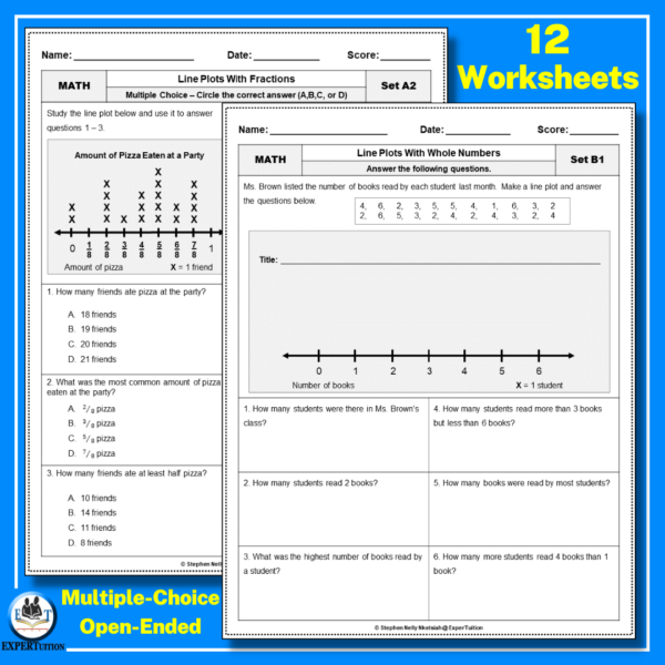 line plots with fractions and whole numbers worksheets