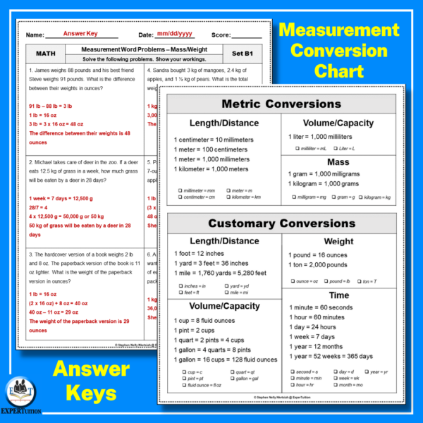 mass and weight word problems, measurement conversion chart