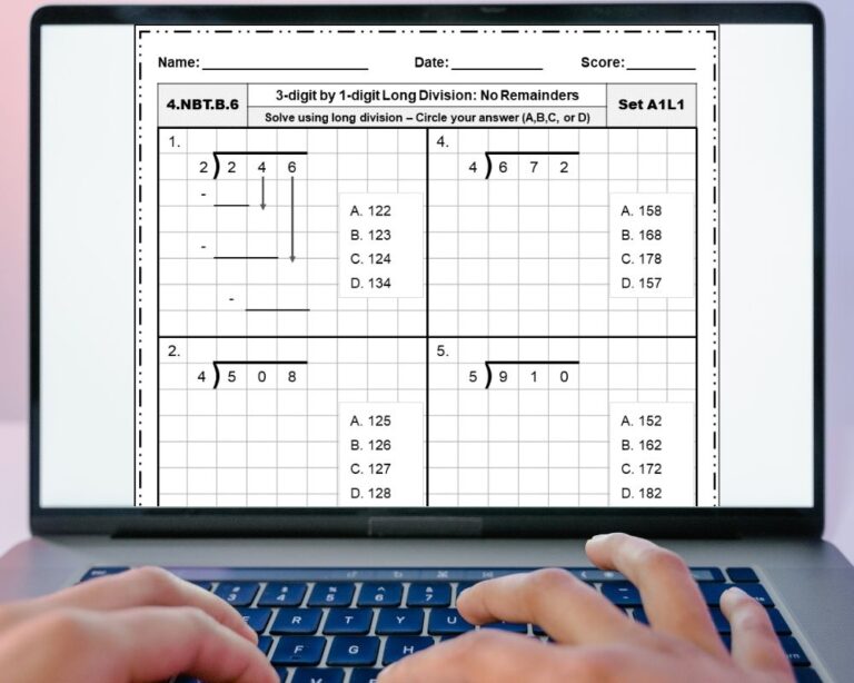 long division worksheet on a computer screen
