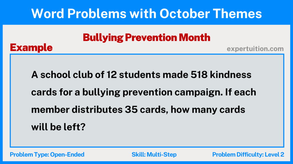 multi-step word problems grade 3, 4, 5 with bullying prevention month theme for October