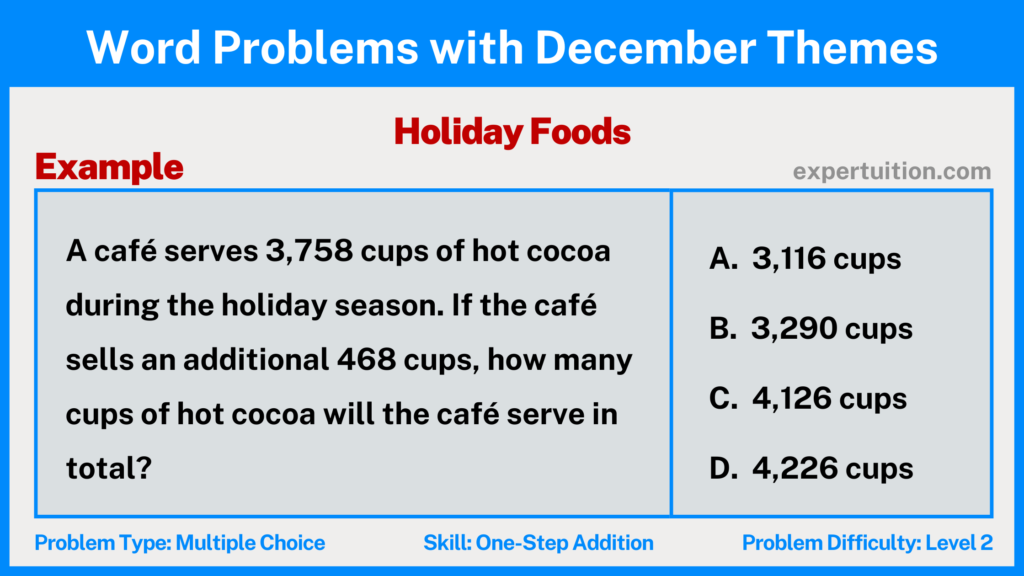 one-step addition word problems 3rd 4th 5th grade with Holiday Foods theme for December